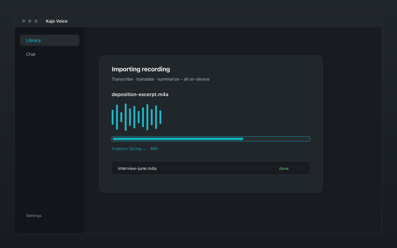 Kajo Voice importing and transcribing a recording on-device