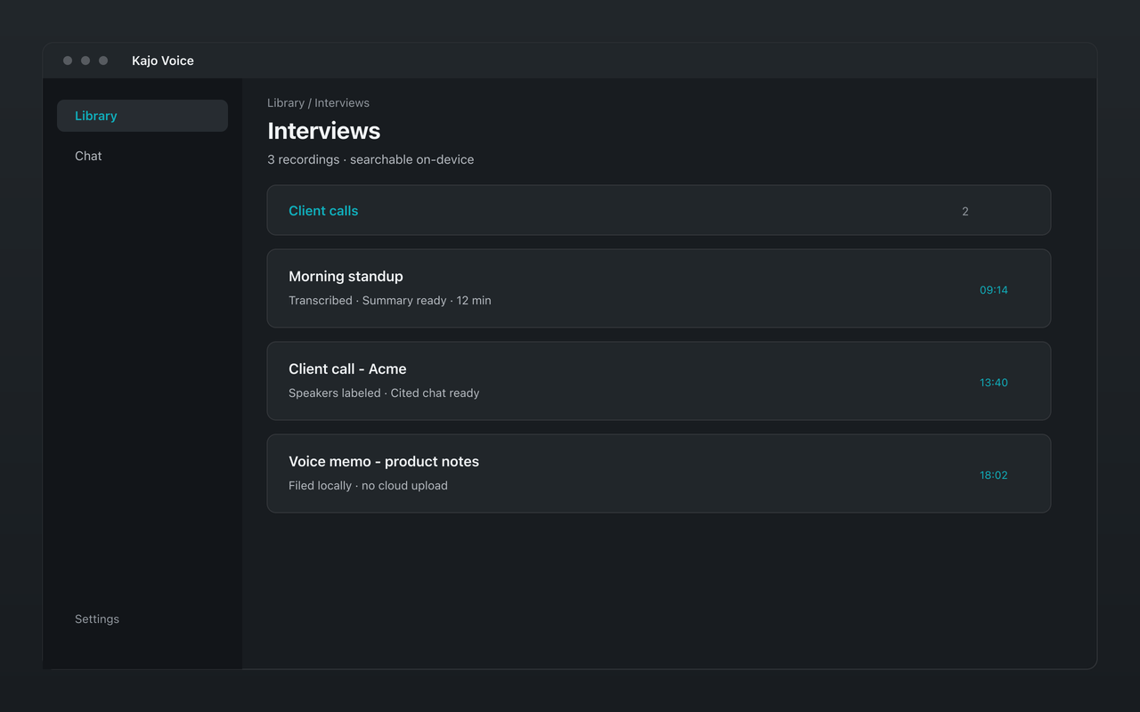 Kajo Voice private searchable library of transcribed recordings