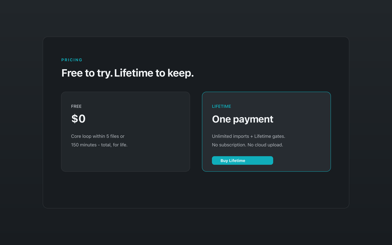 Kajo Voice Free allowance and Lifetime unlock — local-only, no subscription