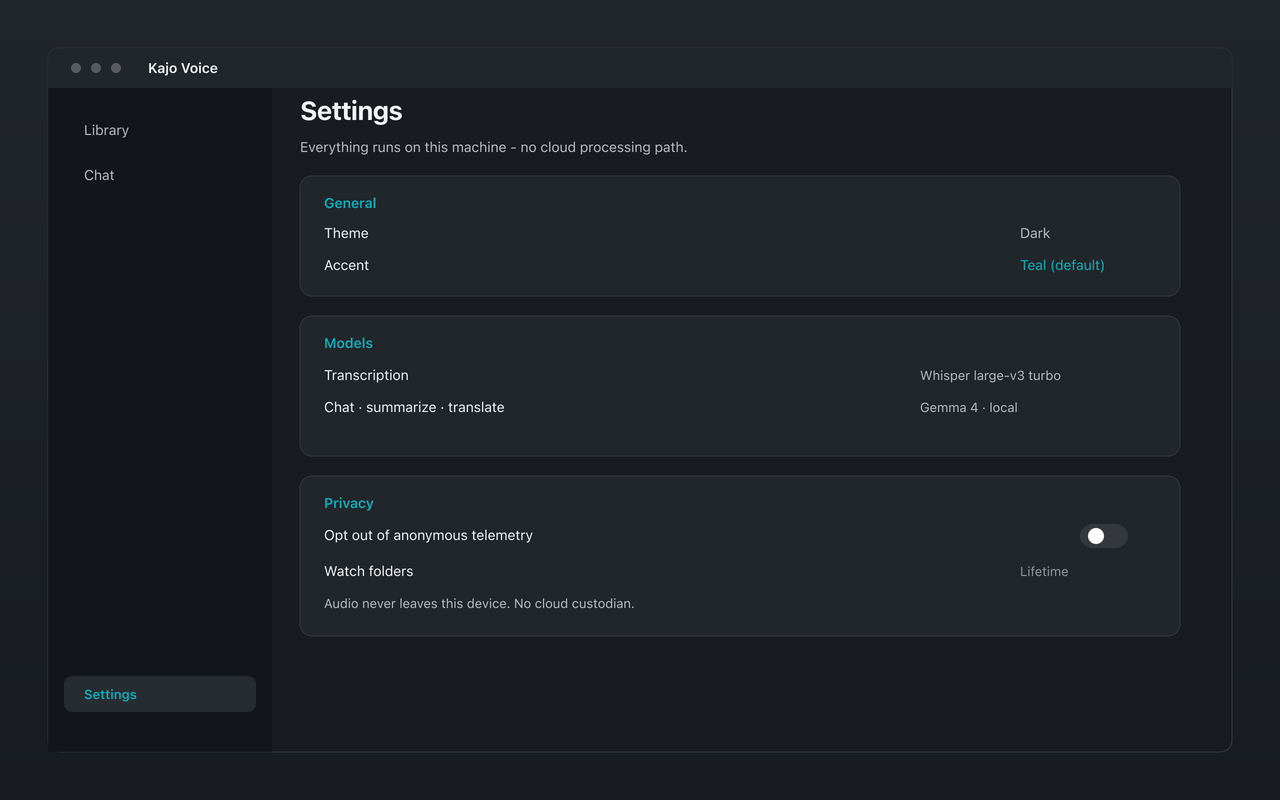 Kajo Voice settings with local privacy controls for legal work
